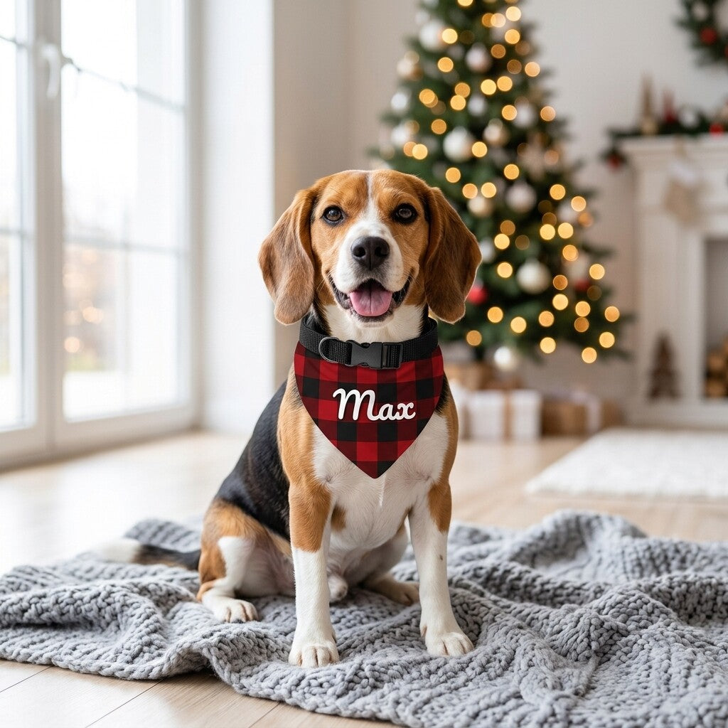 Beagle wearing a red buffalo plaid Christmas bandana personalized with the name Max