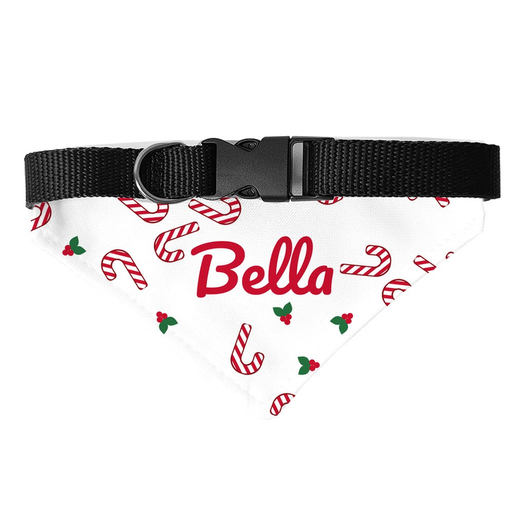 White candy cane dog bandana personalized with the name Bella in red