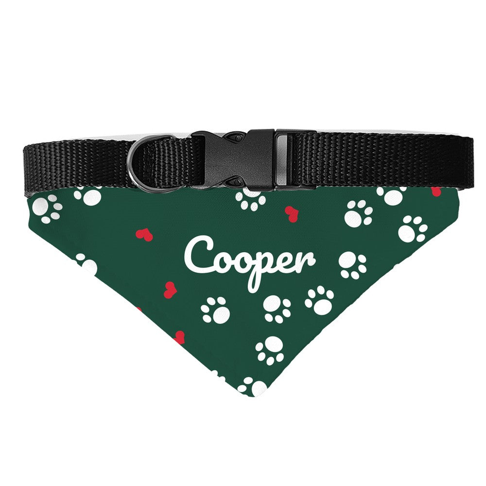 Green paw print dog bandana personalized with the name Cooper