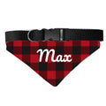 Personalized Christmas dog bandana in red buffalo plaid printed with the name Max, on a black buckle collar