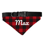 Personalized Christmas dog bandana in red buffalo plaid printed with the name Max, on a black buckle collar