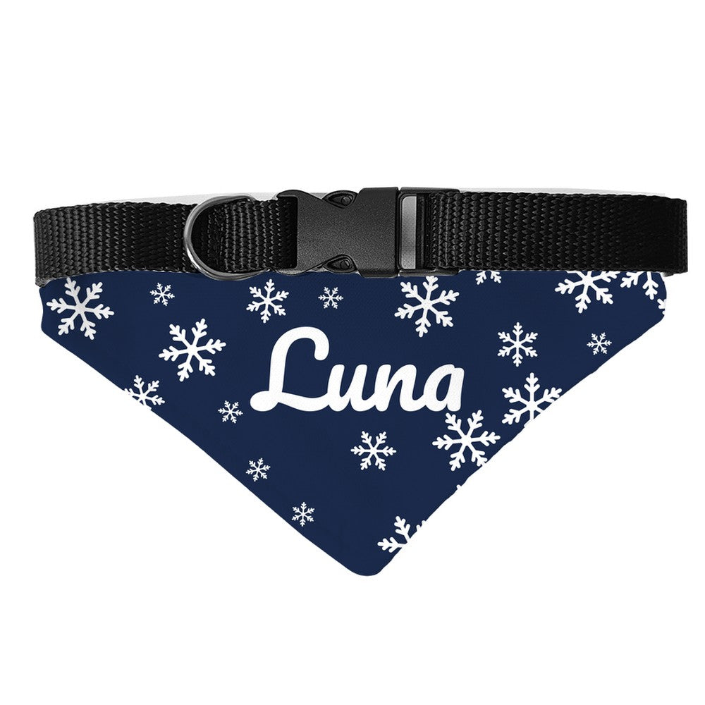 Navy snowflake dog bandana personalized with the name Luna
