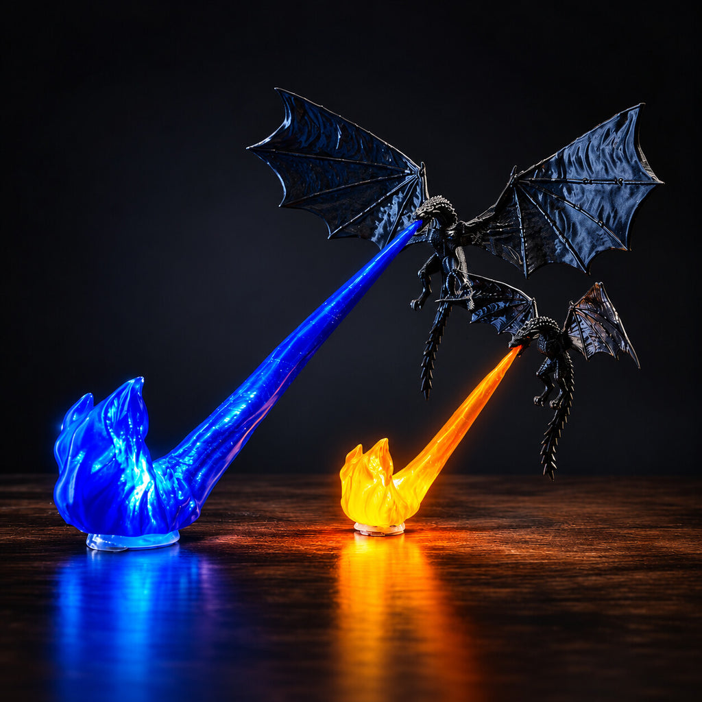 Two dragon night lights breathing ice-blue and orange flames