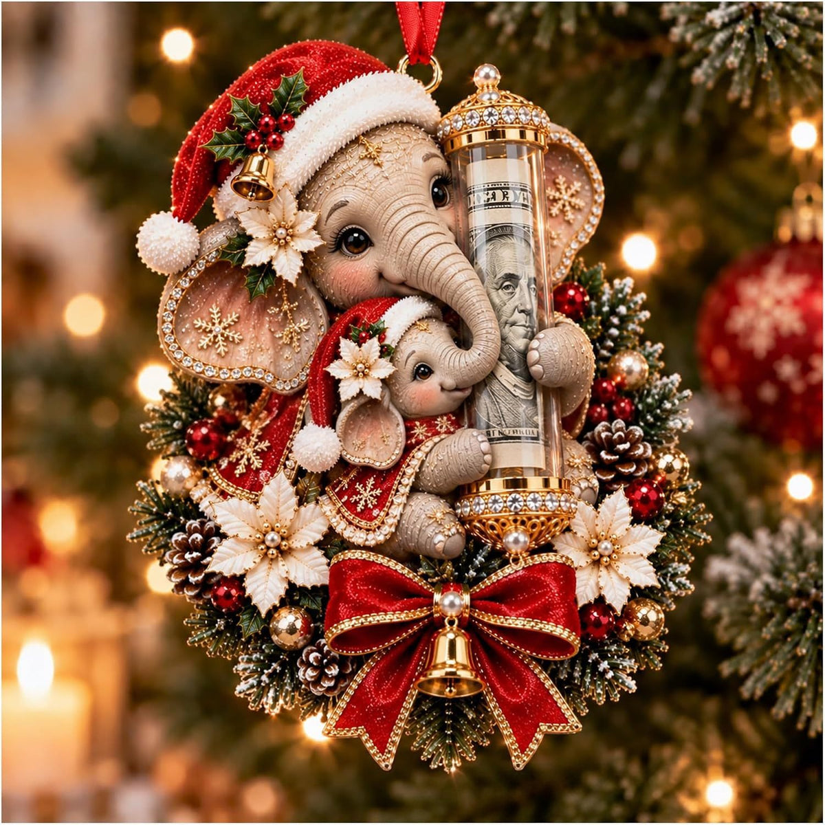 Elephant in a Santa hat hugging a money tube, with white poinsettias