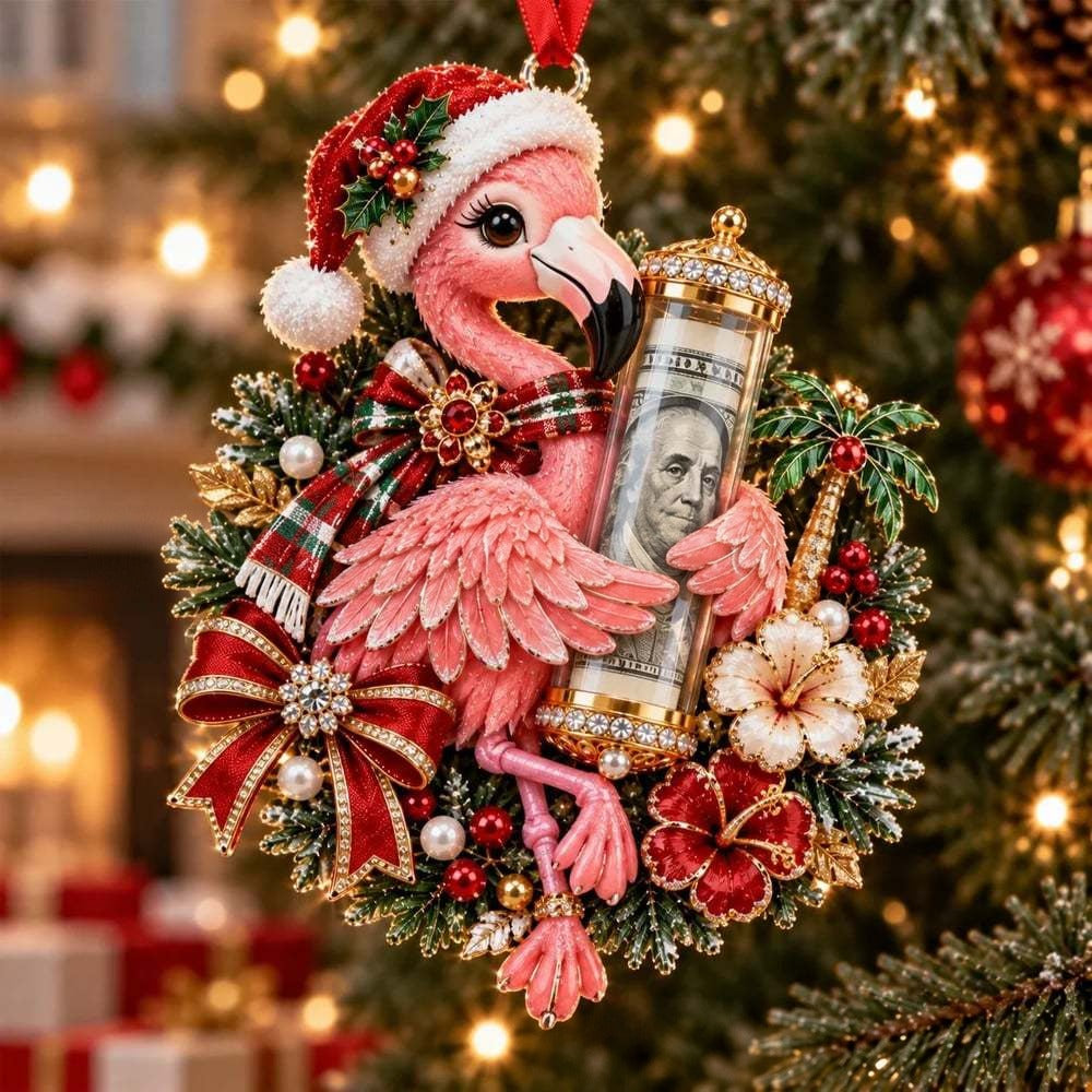 Pink flamingo Christmas ornament holding a clear tube for cash