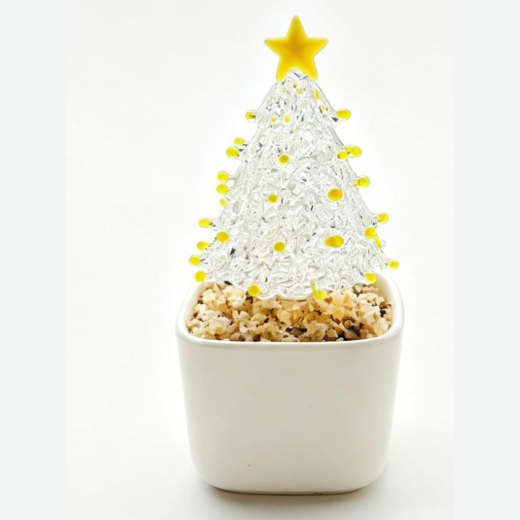 Mini glass Christmas tree with gold dots in a white pot
