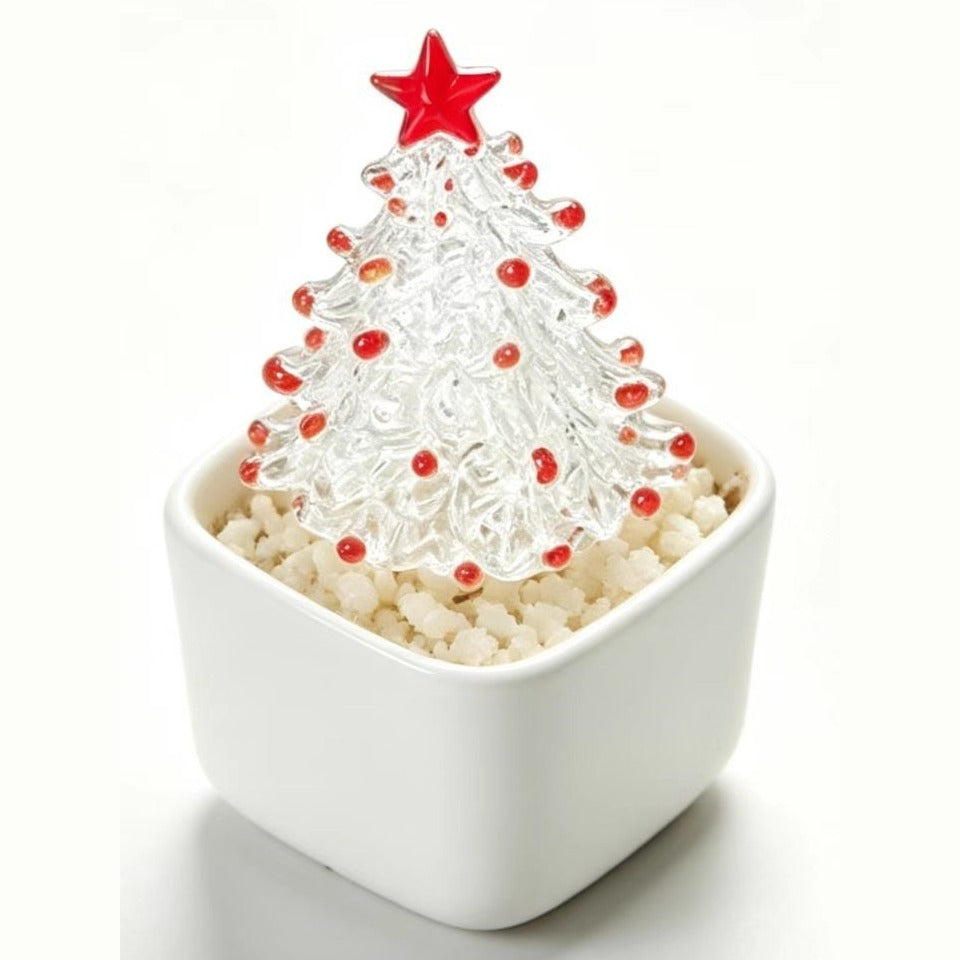 Mini glass Christmas tree with red dots in a white pot
