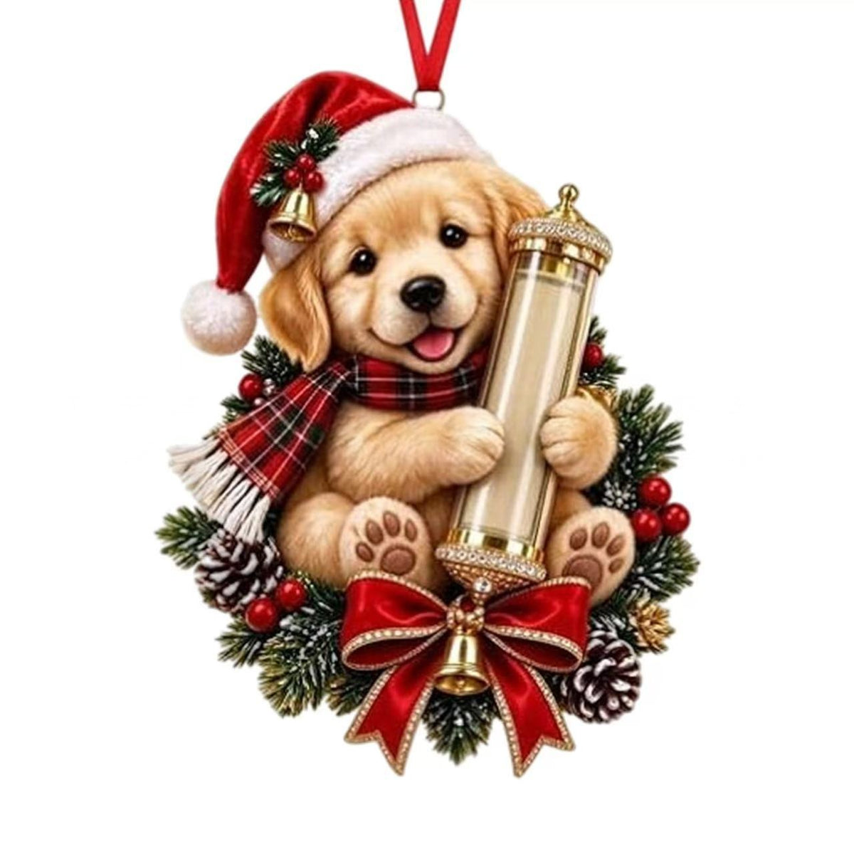 Golden retriever puppy ornament hugging a tube for a rolled bill