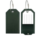 Dark green luggage label with a steel cable loop and an address insert
