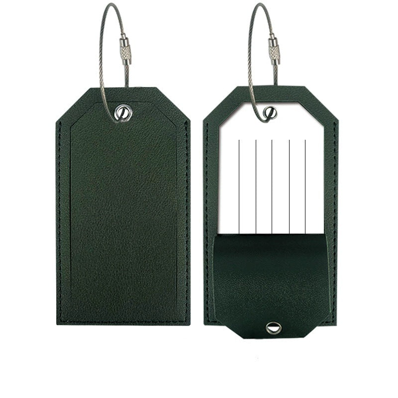 Dark green luggage label with a steel cable loop and an address insert