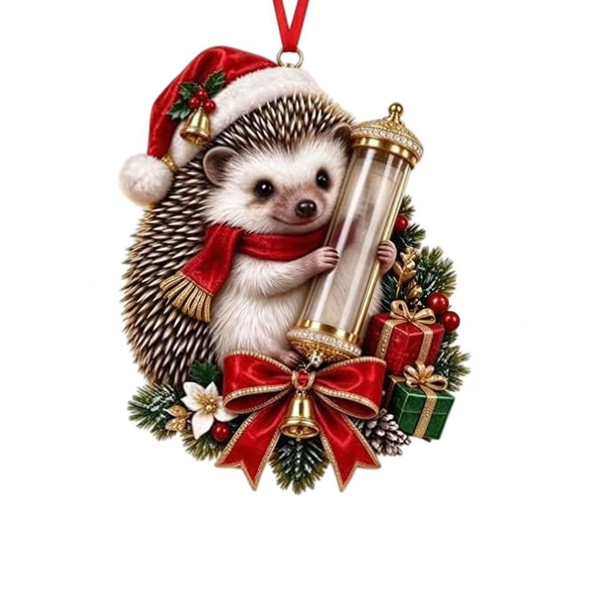 Hedgehog in a Santa hat holding a clear money tube, a printed acrylic tree ornament