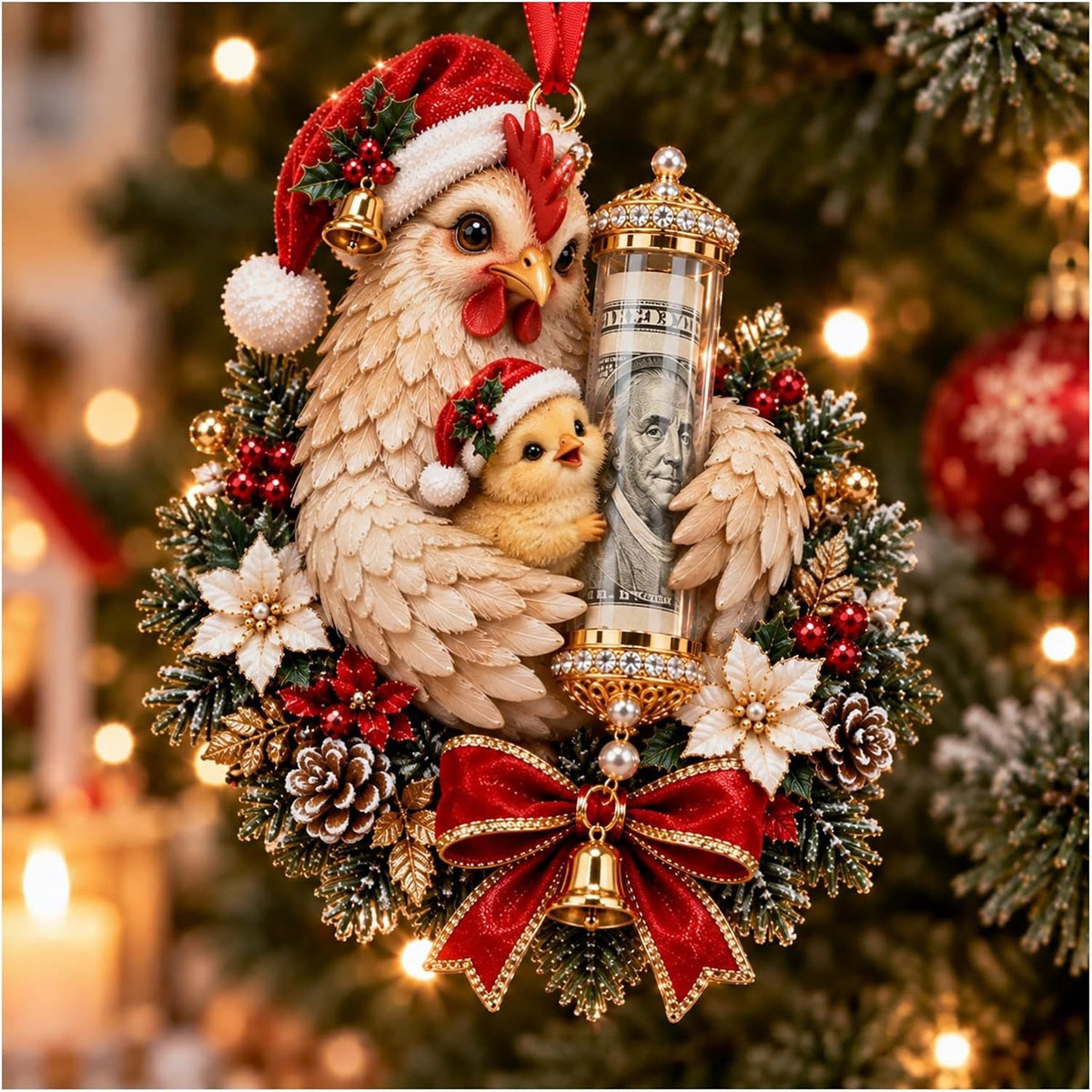 Hen and chick ornament with a rolled dollar bill tube on a Christmas wreath