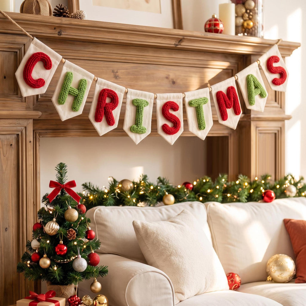 Canvas flag banner spelling CHRISTMAS in red and green yarn letters over a fireplace