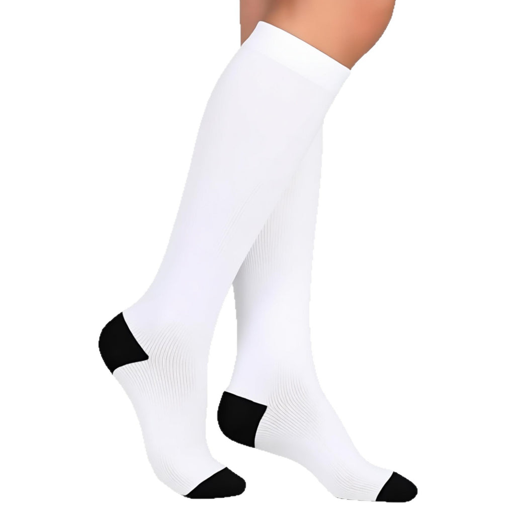 White knee-high socks with black heels and toes, the base style before printing