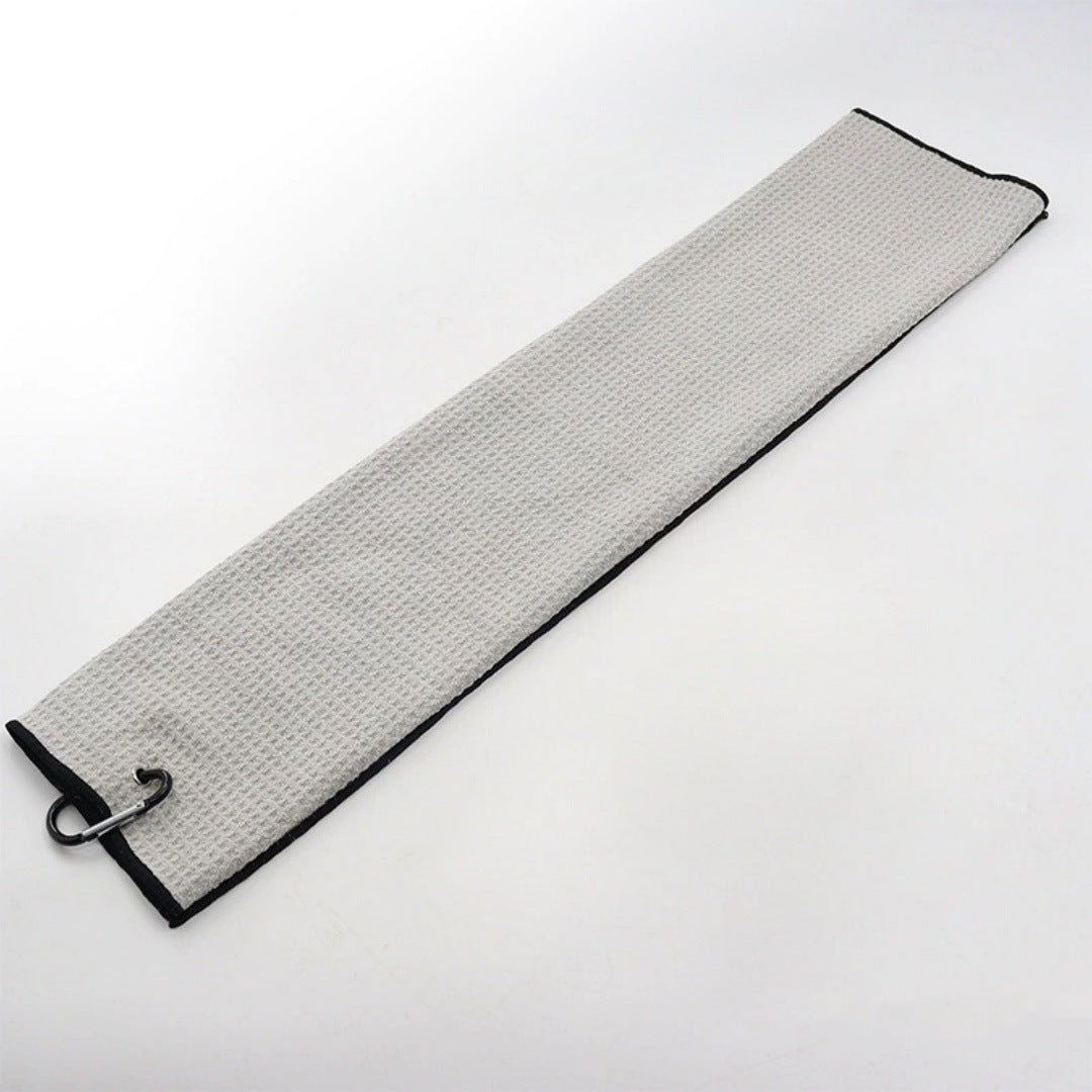 Light gray microfiber golf towel with a dark trim