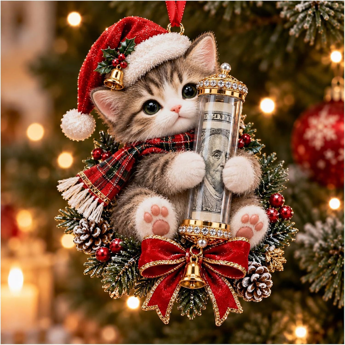 Christmas money holder ornament of a kitten in a Santa hat hugging a clear tube with a rolled dollar bill