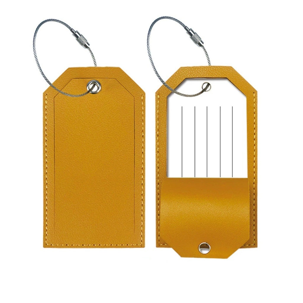Mustard yellow luggage tag with a stitched edge and an address card window