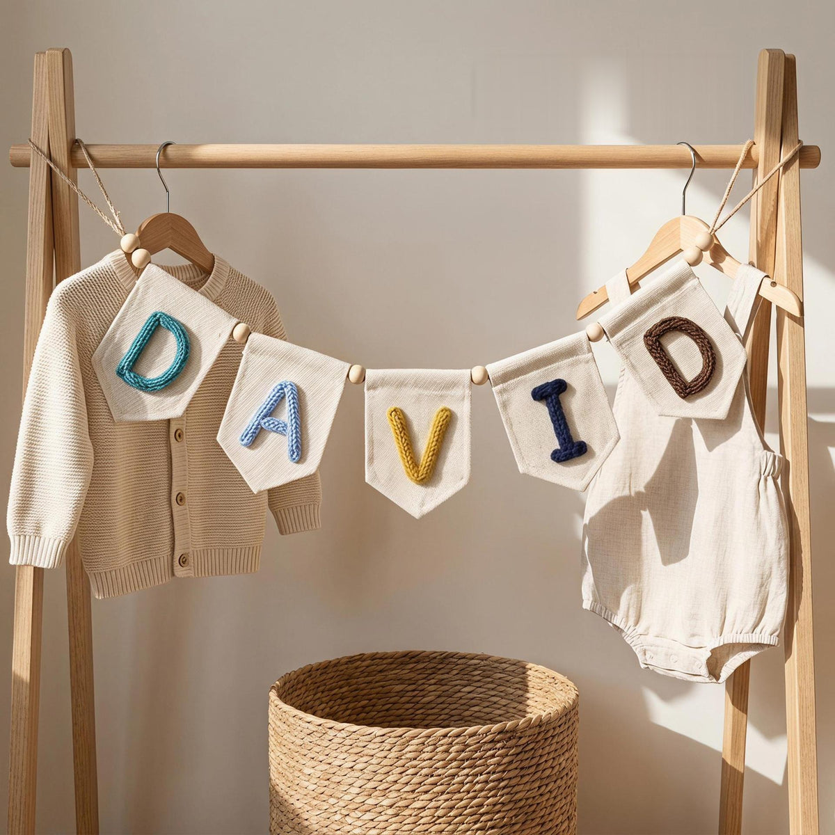 Canvas flag banner spelling DAVID in multicolor yarn letters on a clothes rack
