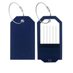 Navy blue suitcase tag shown front and back