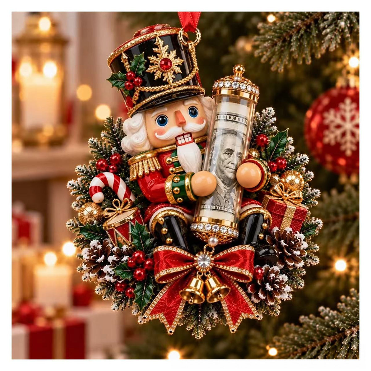 Nutcracker soldier money holder ornament with a gold-capped clear tube
