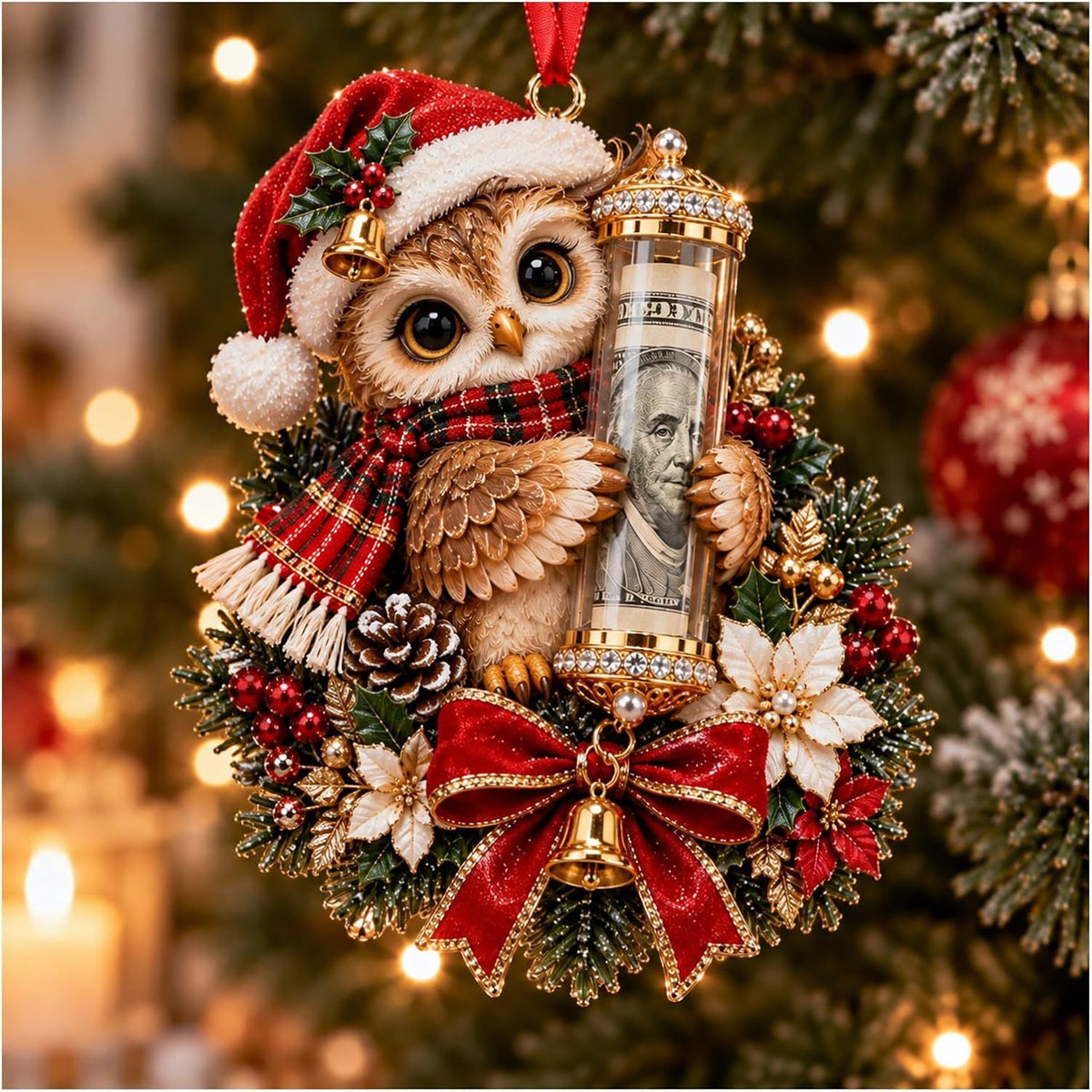 Owl money gift ornament with a plaid scarf and poinsettias