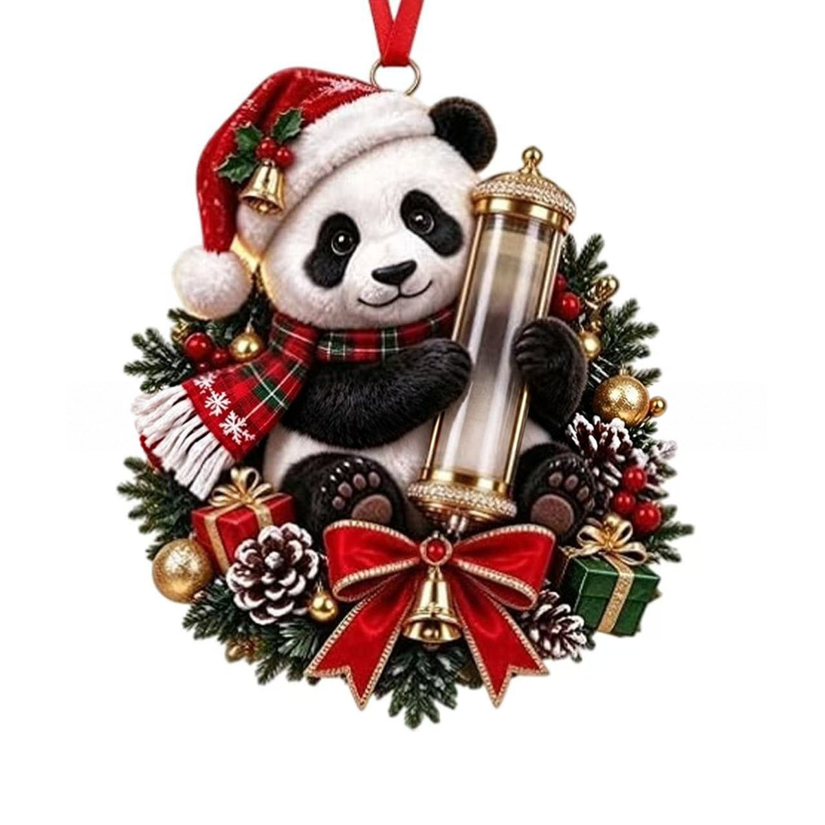 Panda acrylic money holder with a plaid scarf and a pine wreath