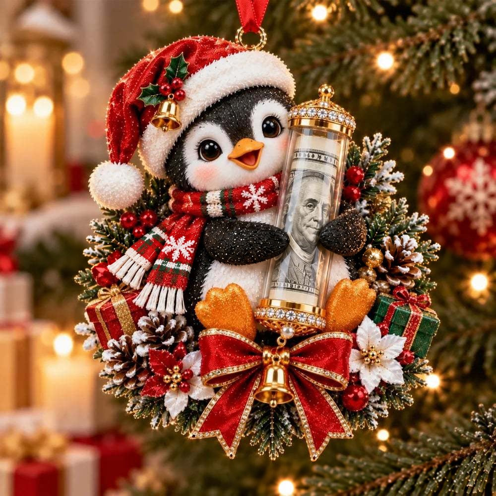 Penguin in a Santa hat hugging a dollar bill tube on a Christmas wreath ornament