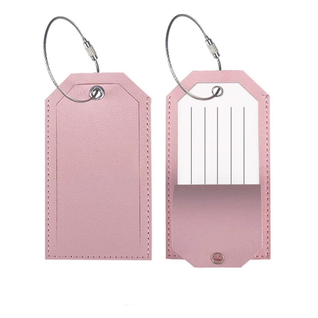 Pink leather-look bag tag with a white address insert and a steel loop