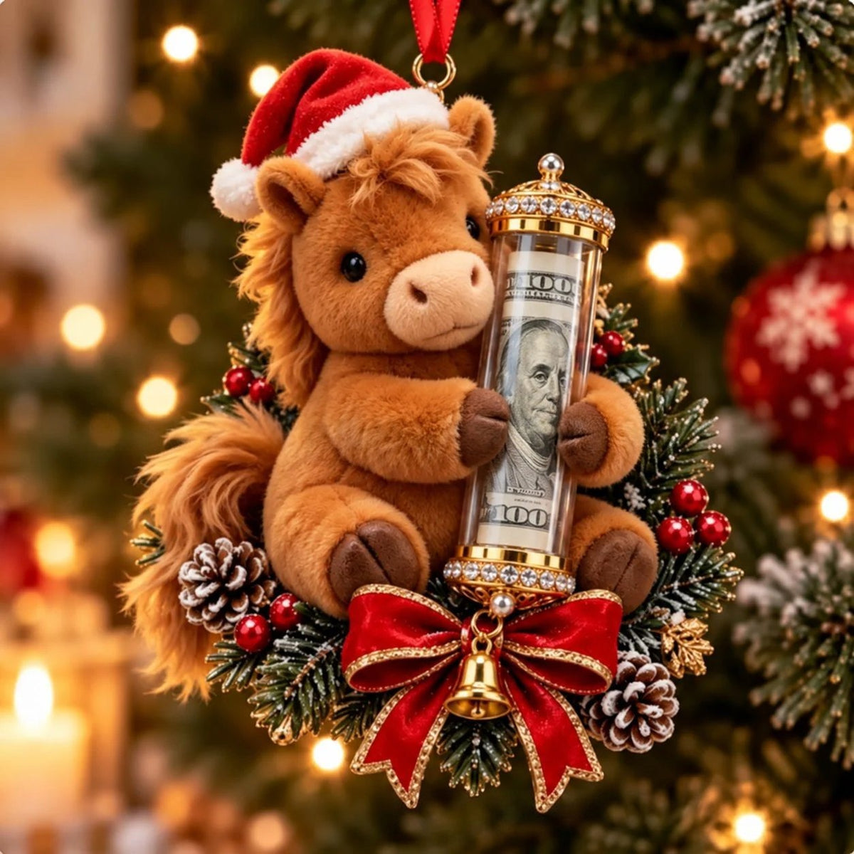 Brown pony Christmas money holder ornament in a Santa hat