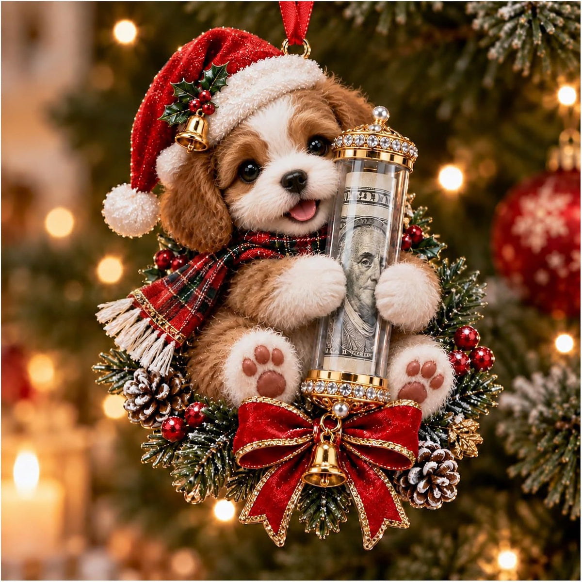 Brown and white puppy Christmas money holder with a red bow and bell