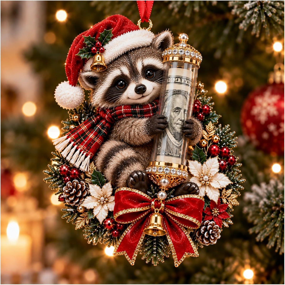 Raccoon in a Santa hat holding a money tube on a holly wreath
