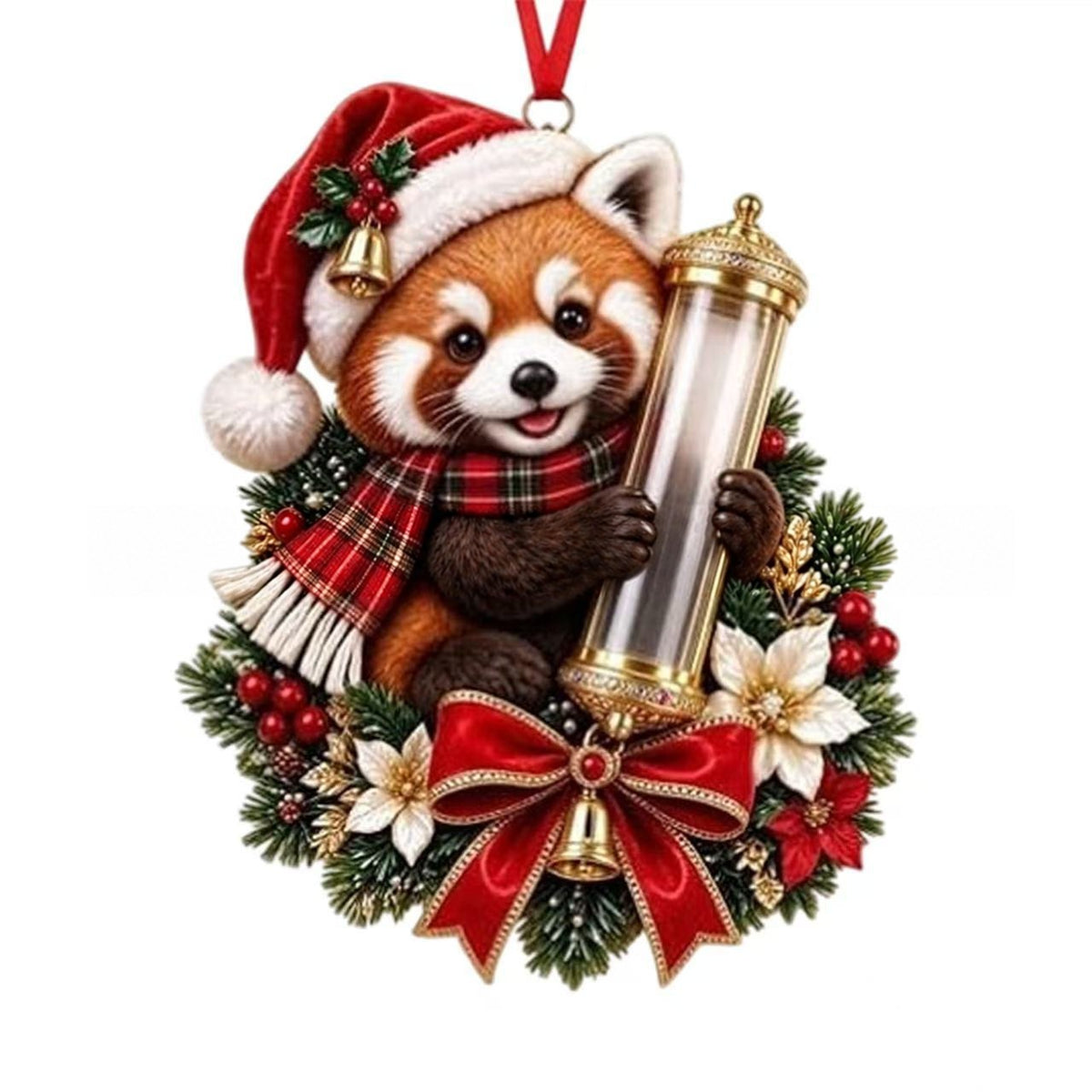 Red panda Christmas ornament hugging a clear tube for cash