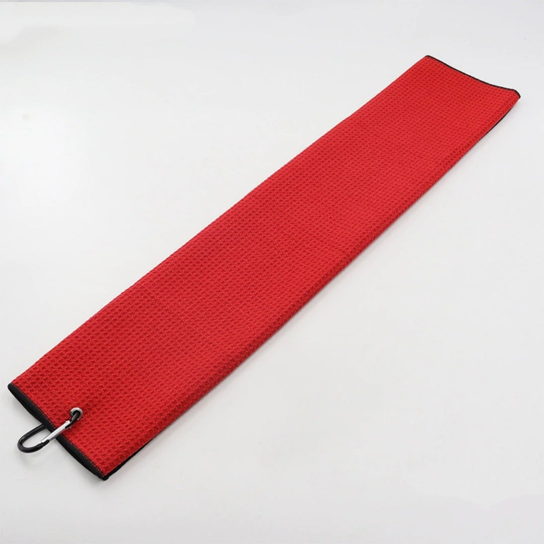 Red waffle golf towel with a carabiner