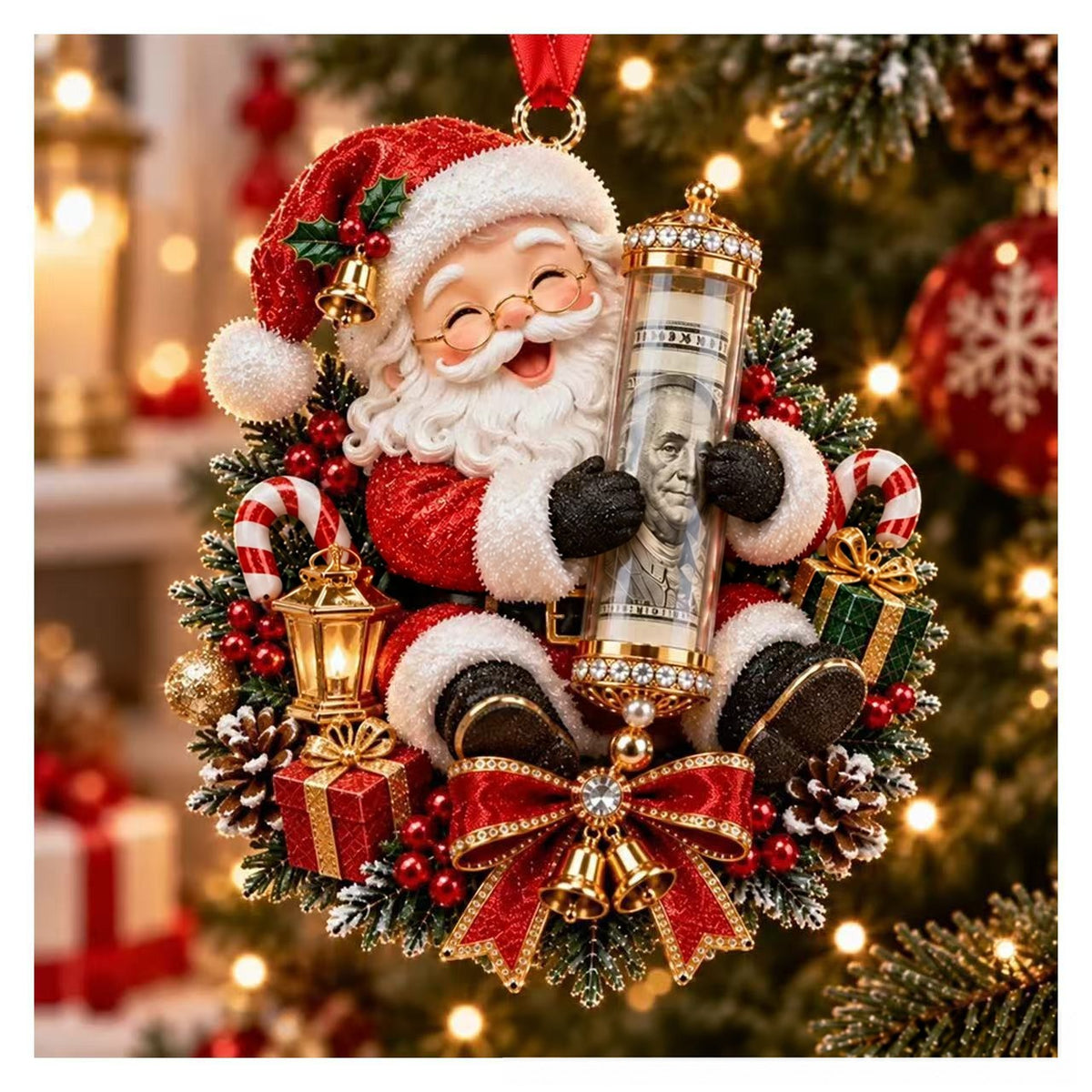 Santa Claus acrylic ornament holding a clear tube for a rolled bill, on a pine wreath with a red bow