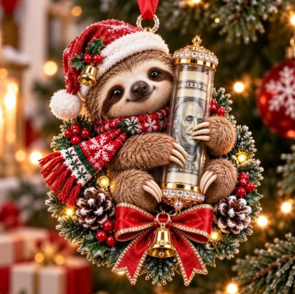 Sloth Christmas ornament hugging a clear tube with a rolled bill