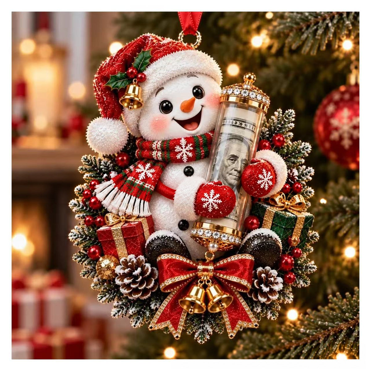 Snowman cash gift ornament with a plaid scarf and a clear money tube