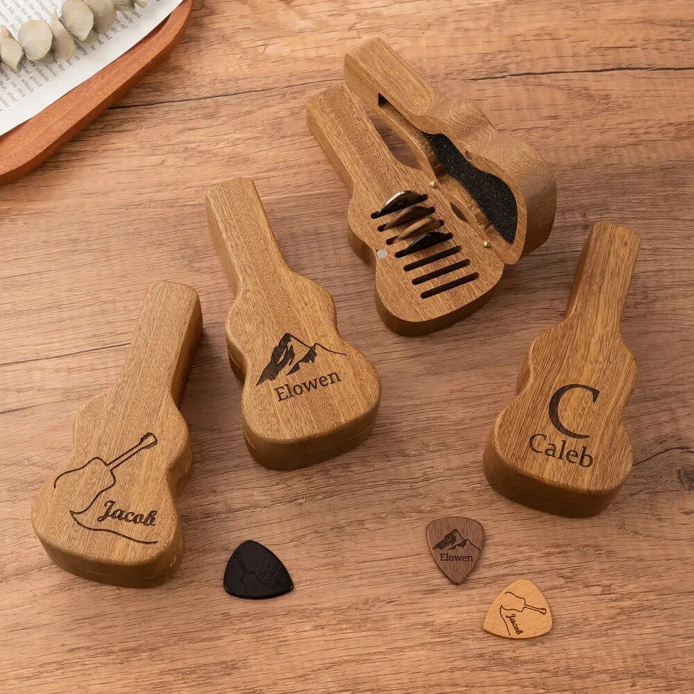Wooden guitar pick holders engraved with names