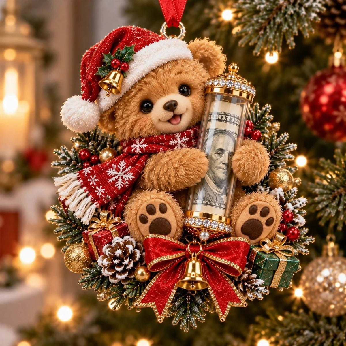 Teddy bear cash ornament with a clear tube and a dollar bill inside
