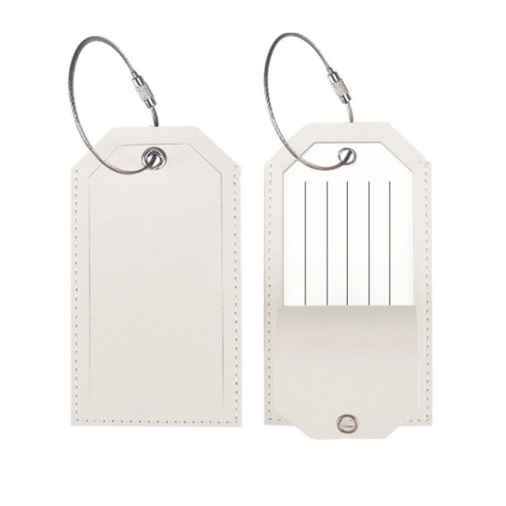 White leather-look luggage tag with a stitched border and an address card