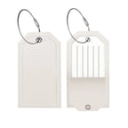 White leather-look luggage tag with a stitched border and an address card