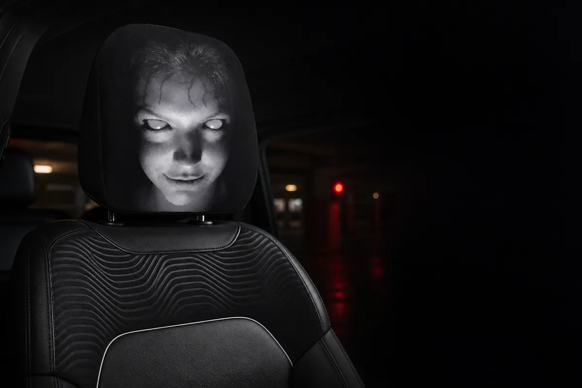Scary face cover fitted over a car headrest at night